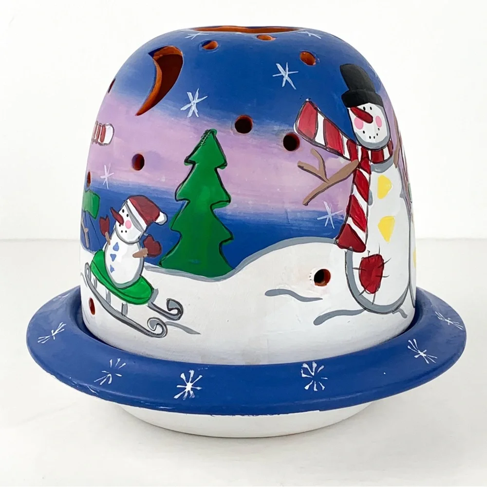 Vintage candle holder snowman Christmas ceramic dome tea light holder w/ cutouts